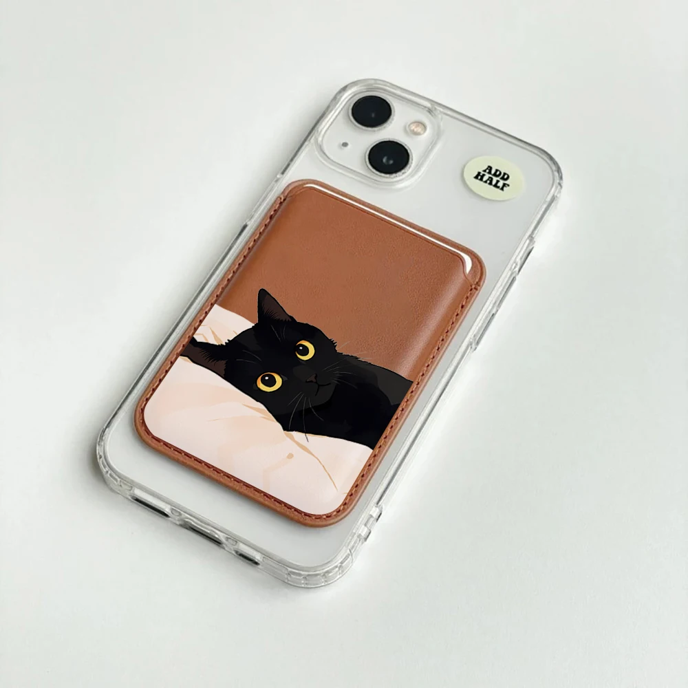 Schwarze Katzen-Leder-Kartenhülle für das Handy, geeignet für alle iPhone-Hüllen, Magsafe magnetische Kartenhalterung, einfache Handy-Rückentasche – Detail 2