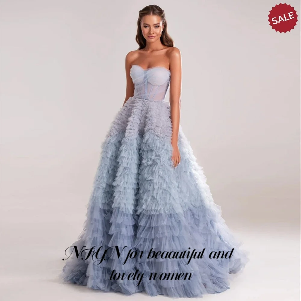 NFYN Blue Elegant Prom Dresses Sweetheart Off the Shoulder Pleating Prom Gown Layered A-Line Trailing Evening Dresses Customized