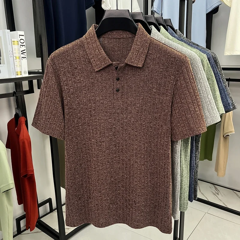 Mens Summer Polo Shirts Short Sleeve Four Way Stretch Tops For Business Meeting Urban Street Casual Outfit