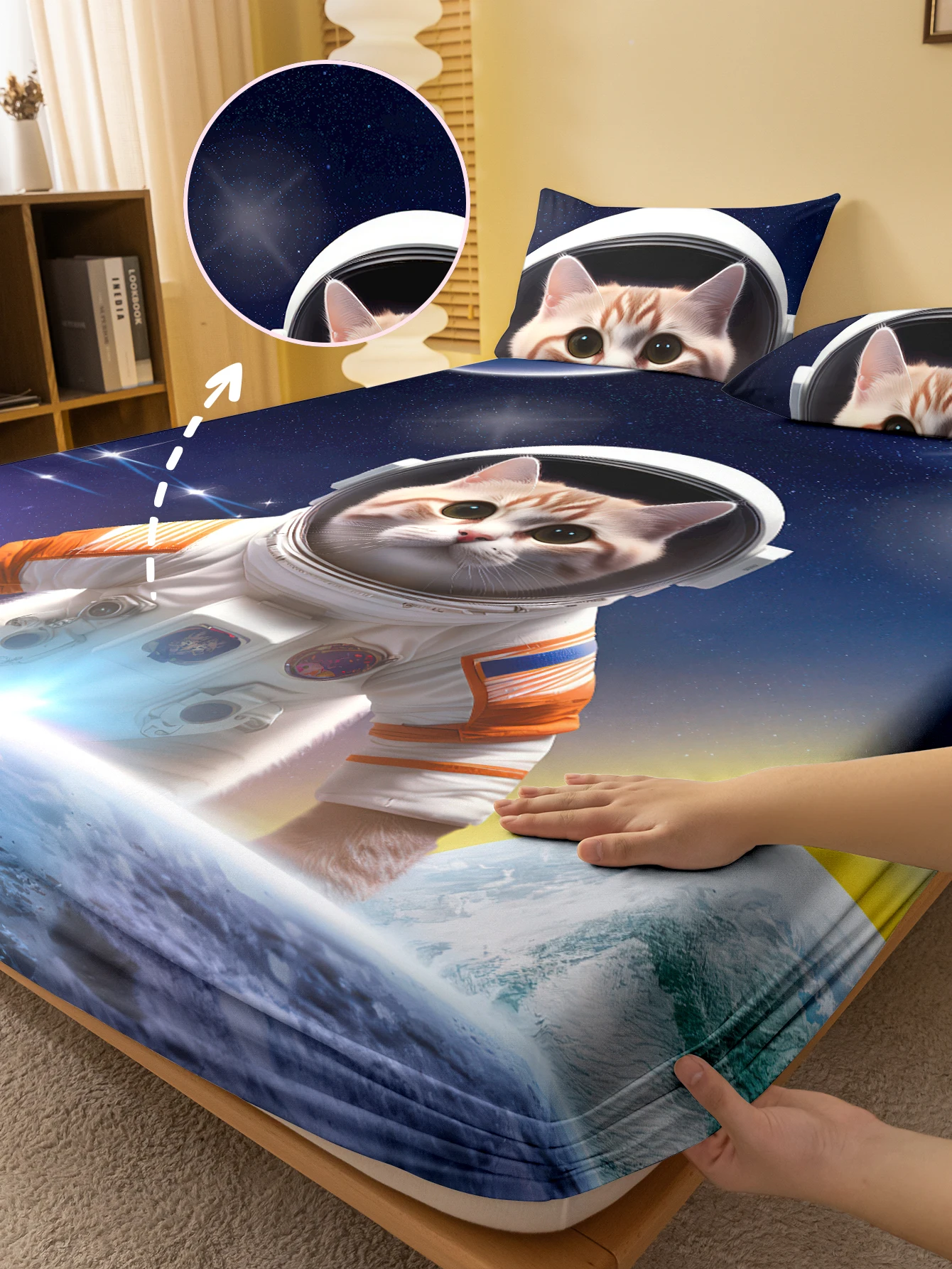 1, Cartoon-Stil, niedliche Tier-Katze, digital bedruckt, mattiertes Spannbetttuch, bedruckte Bettdecke für Schlafzimmer, Bettwäsche (kein Kissenbezug).