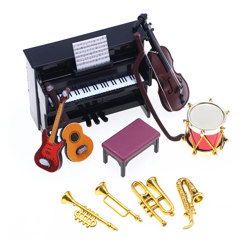 12PCS Miniature Jazz Drum Kit Model Mini Microphone Cymbal Musical Instrument 1/12 1/6 Dollhouse Mini Piano Guitar Saxophone Set