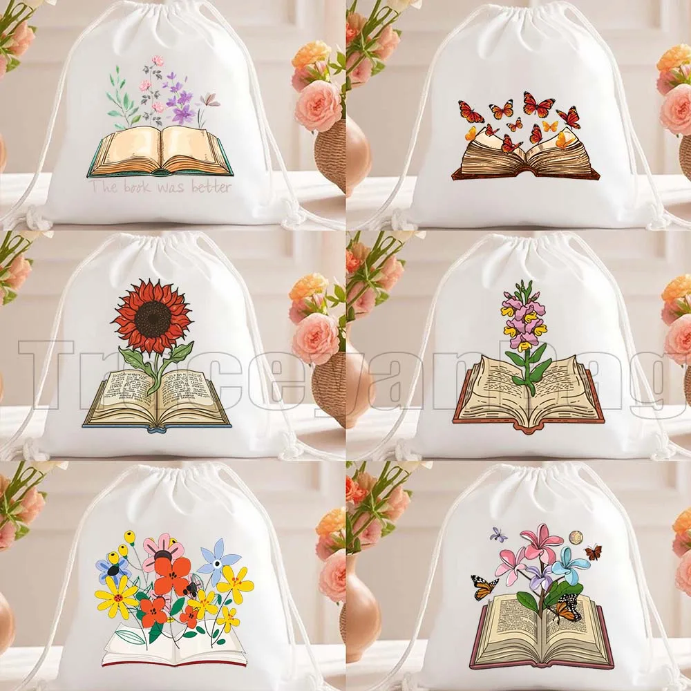 

Эстетичные бабочки и цветы, вырастающие из книги, цветочный акварельный принт, открытая книга, книги, подарки, рюкзак на шнурке, спортивная сумка для спортзала
