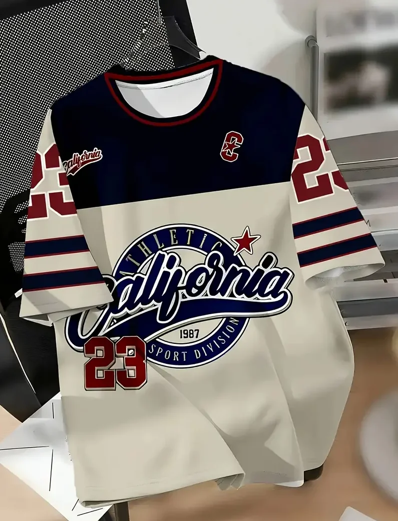 

Women's Casual and Fashionable Short Sleeved T-shirt, Spring and Autumn Season, Color Blocked Letter 23 Print, Machine Washable