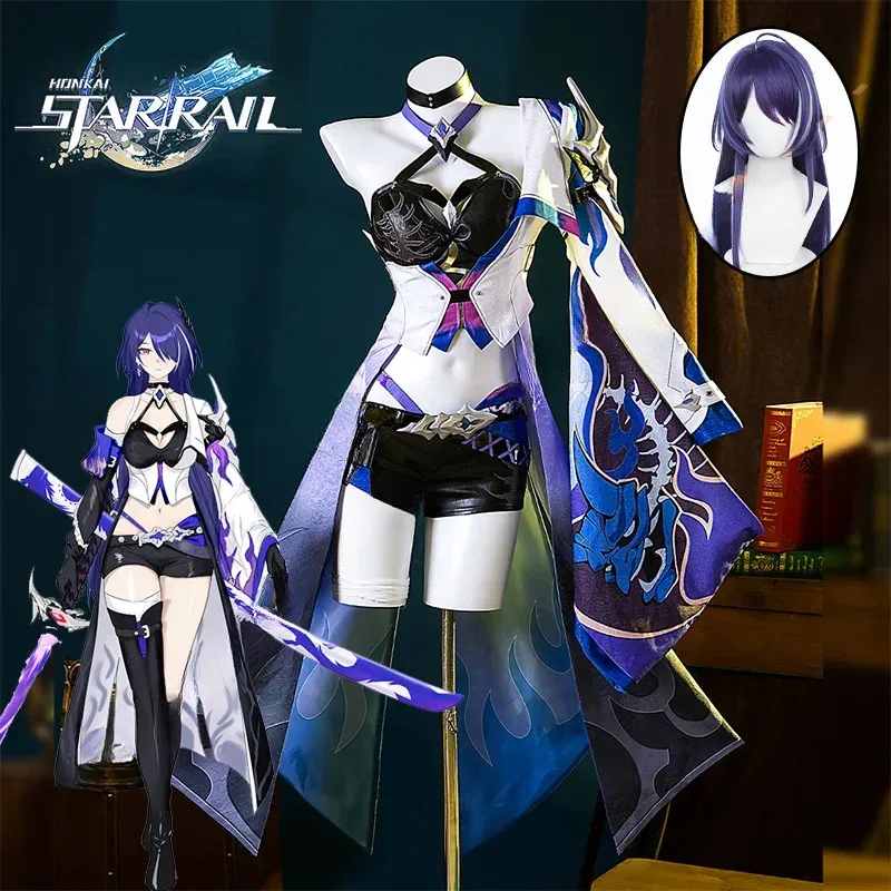 

Acheron Cosplay Costume Wig Honkai Star Rail Outfit Dress Uniform Earrings Leggings Galaxy Rangers Halloween Party Women Props