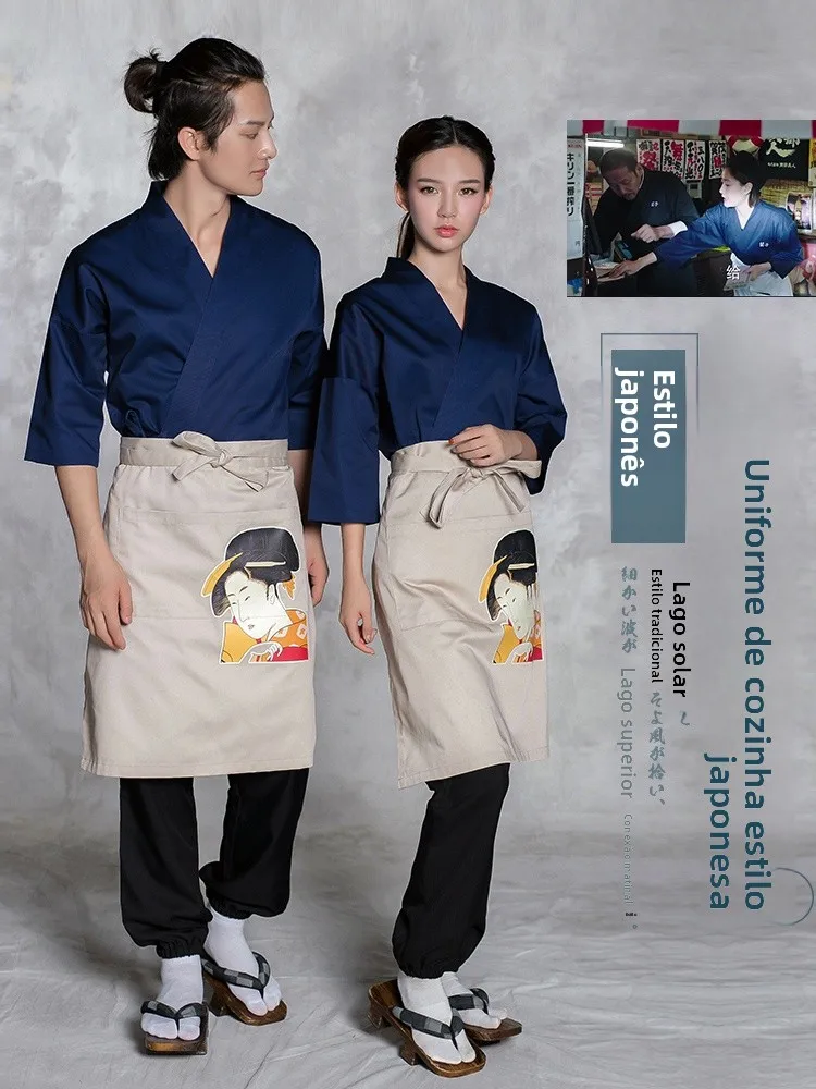 Uniforme de trabalho para chef de restaurante de sushi estilo japonês, kimono com cinto para homens e mulheres de 25 a 35 ano...