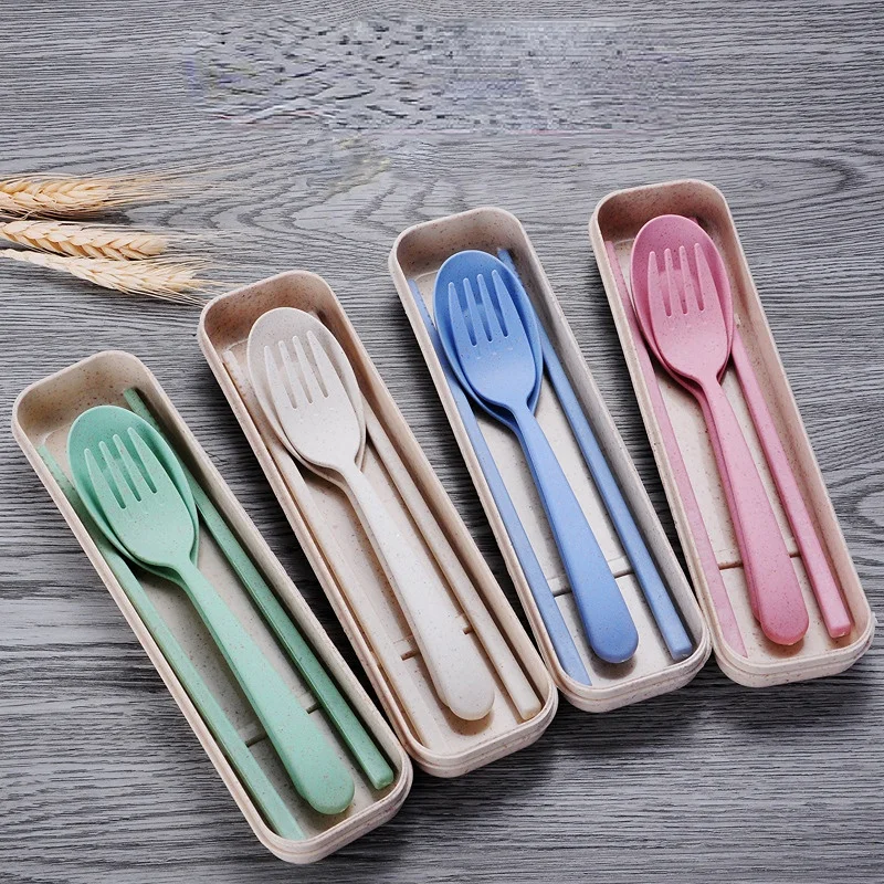 Wheat Straw Chopsticks Forks Spoons Three Piece Set Portable Tableware for Work Student Travel Box Rice Spoon  