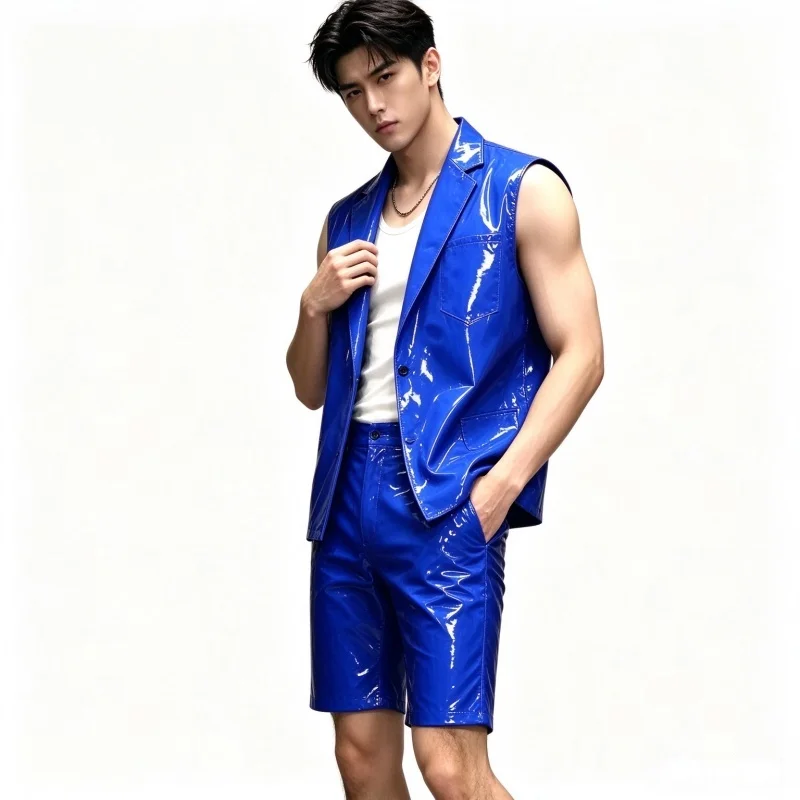 Fluorescent Green Leather Vest Shorts 2-Piece Set Male Singer Concert Performance Clothes Carnival Party Bar Night Performance