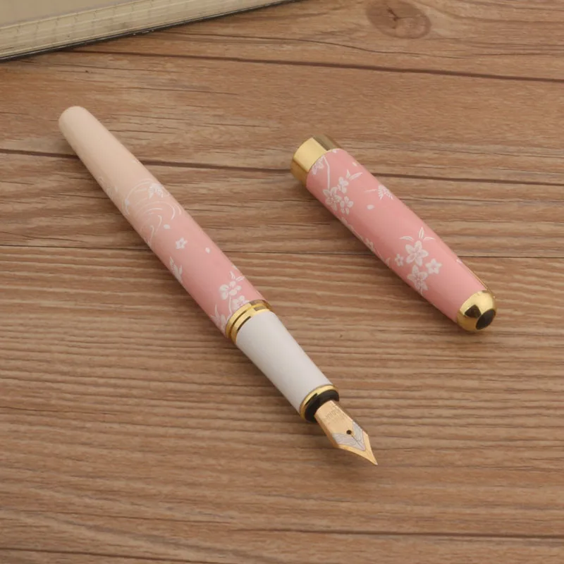 Ink Metal Fountain Pen, Pink Flowers F Nib, Material para Escritório e Negócios, Material Escolar, 83, 1Pc + 10 Pcs