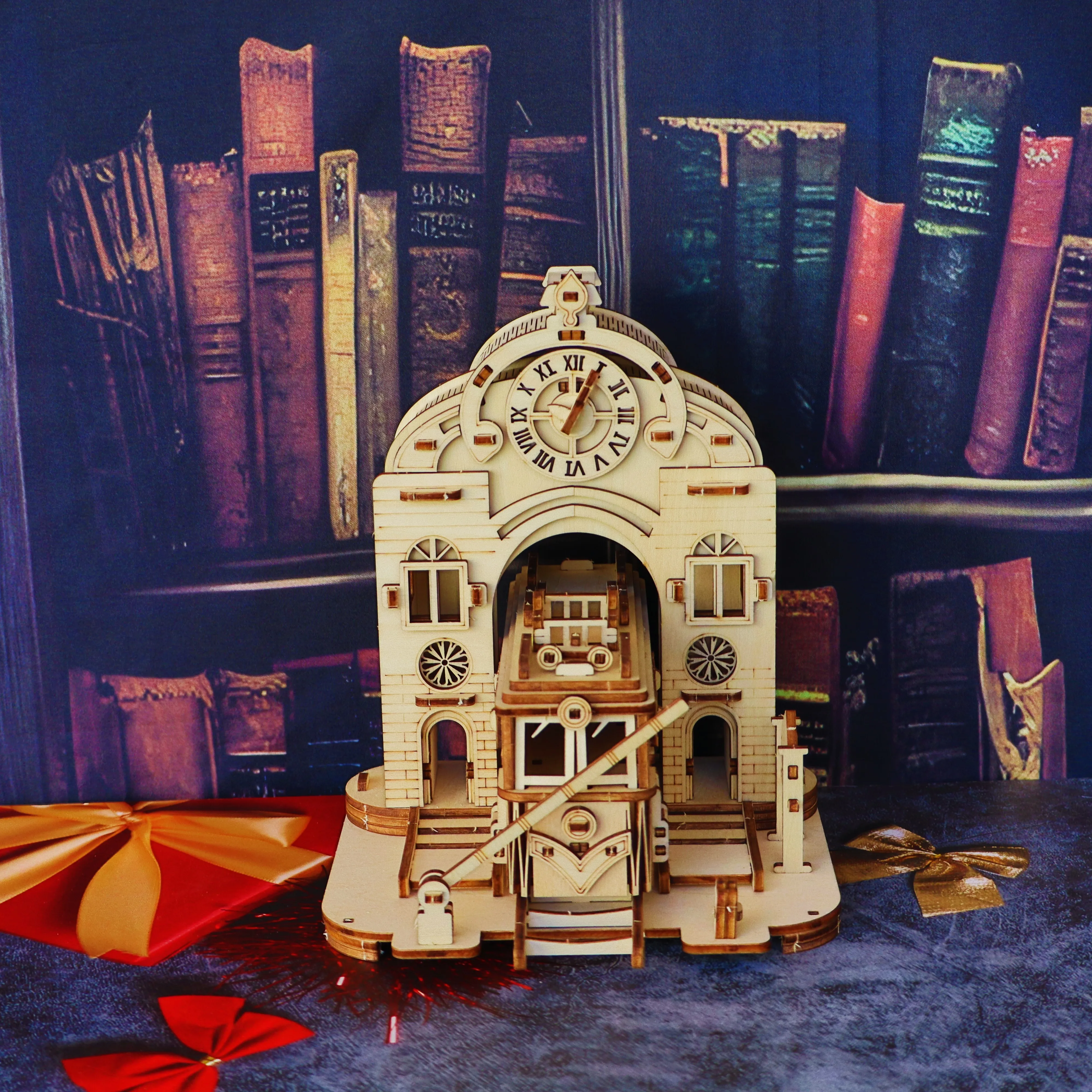 محطة قطار ألغاز خشبية، نموذج محاكاة ستيريو ثلاثي الأبعاد، لعبة تفاعلية لبناء الوالدين والطفل، ديكور إبداعي للمناظر الطبيعية الحضرية