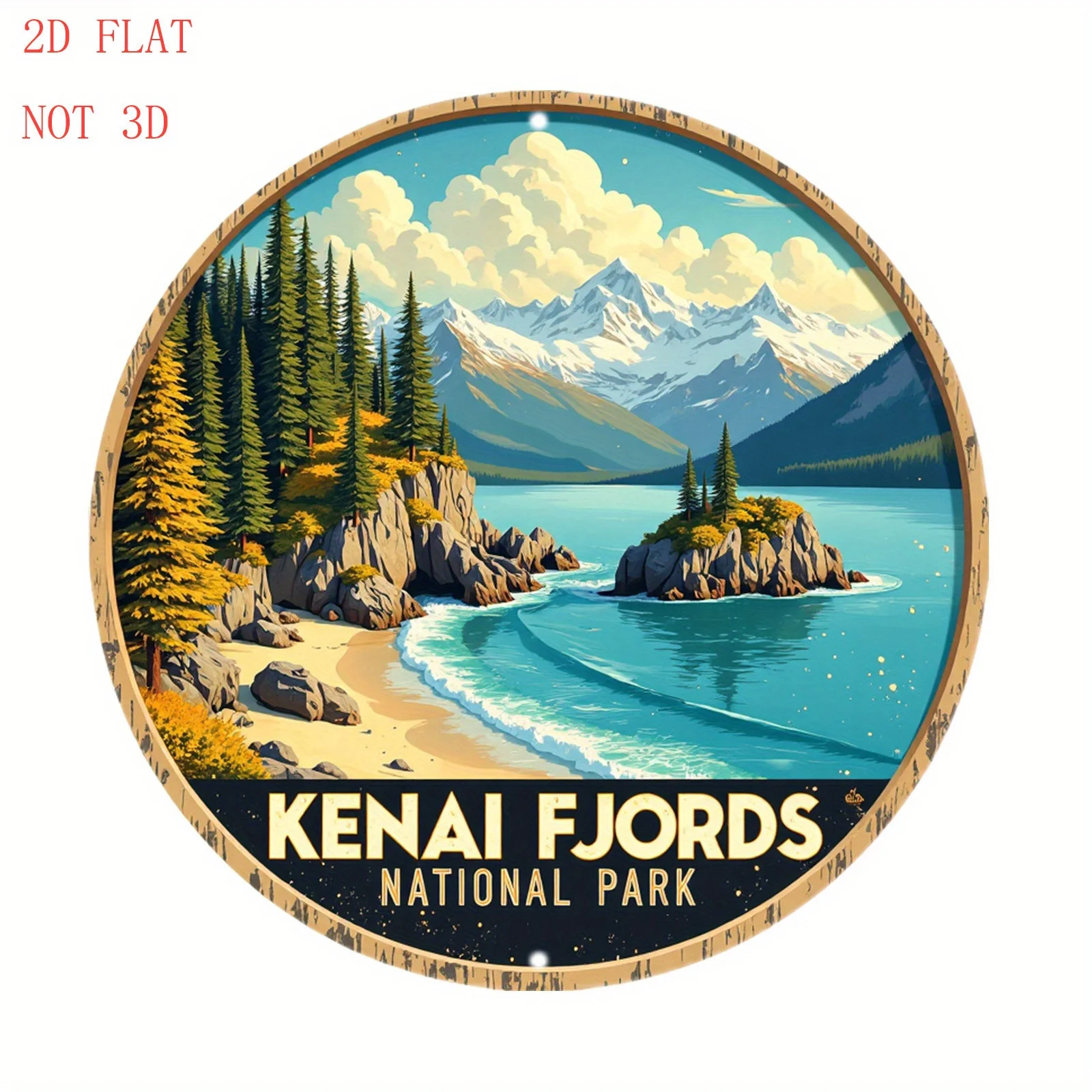 [2D Flat] 1pc Kenai Fjords National Park Alaska Wall Art - 8 Inch Round Aluminum Metal Sign with Mountain, Glacier, Ocean & Fjor