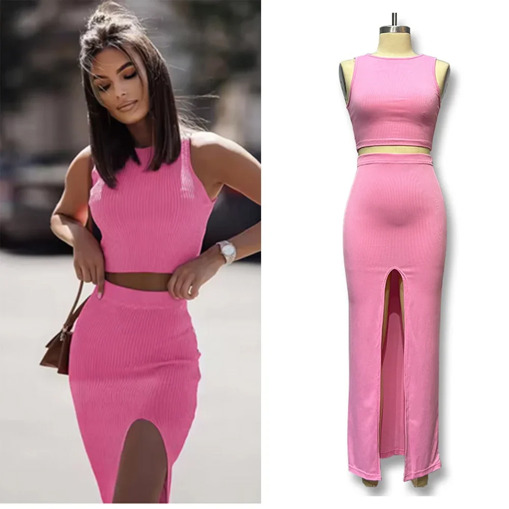 

Комплекты платьев из двух предметов Женский костюм с юбкой Уличная одежда Сексуальные тонкие укороченные топы Длинная юбка с разрезом Платье Майка Жилет Майки с юбкой