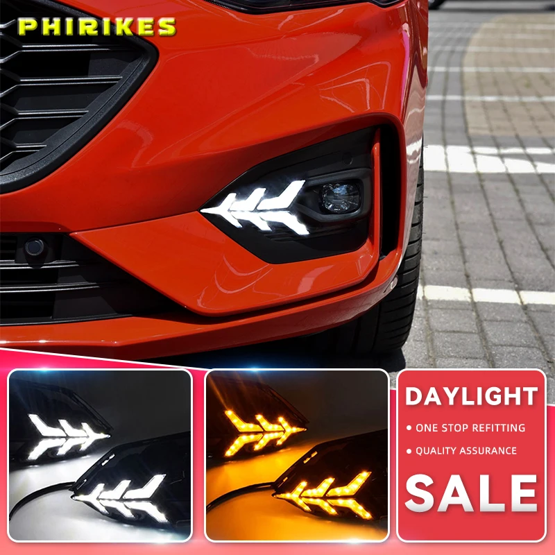 

2PCS DRL Car LED Daytime Running Light fog lamp driving light with Turning Yellow Signal style Relay for Ford Focus 2019