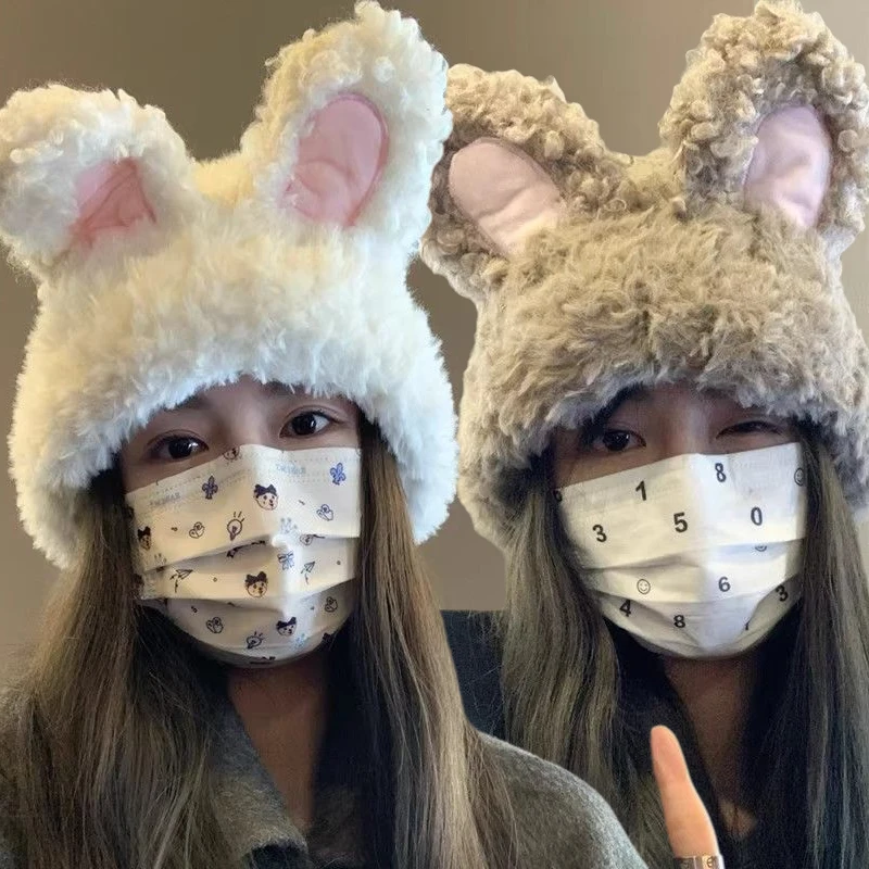 Y2k Rabbit Ears Plush Hats Cute Girls Winter Beanie Pullover Cap Women Lolita Thickened Warm Funny Party Photography Fleece Hats