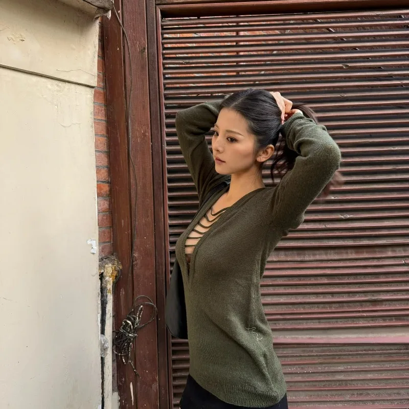 Deeptown Groene Vintage Hollow Out V-hals Vrouwen Truien Sexy Y2k Japanse Jaren 2000 Stijl Slanke Gebreide Truien Harajuku Gyaru