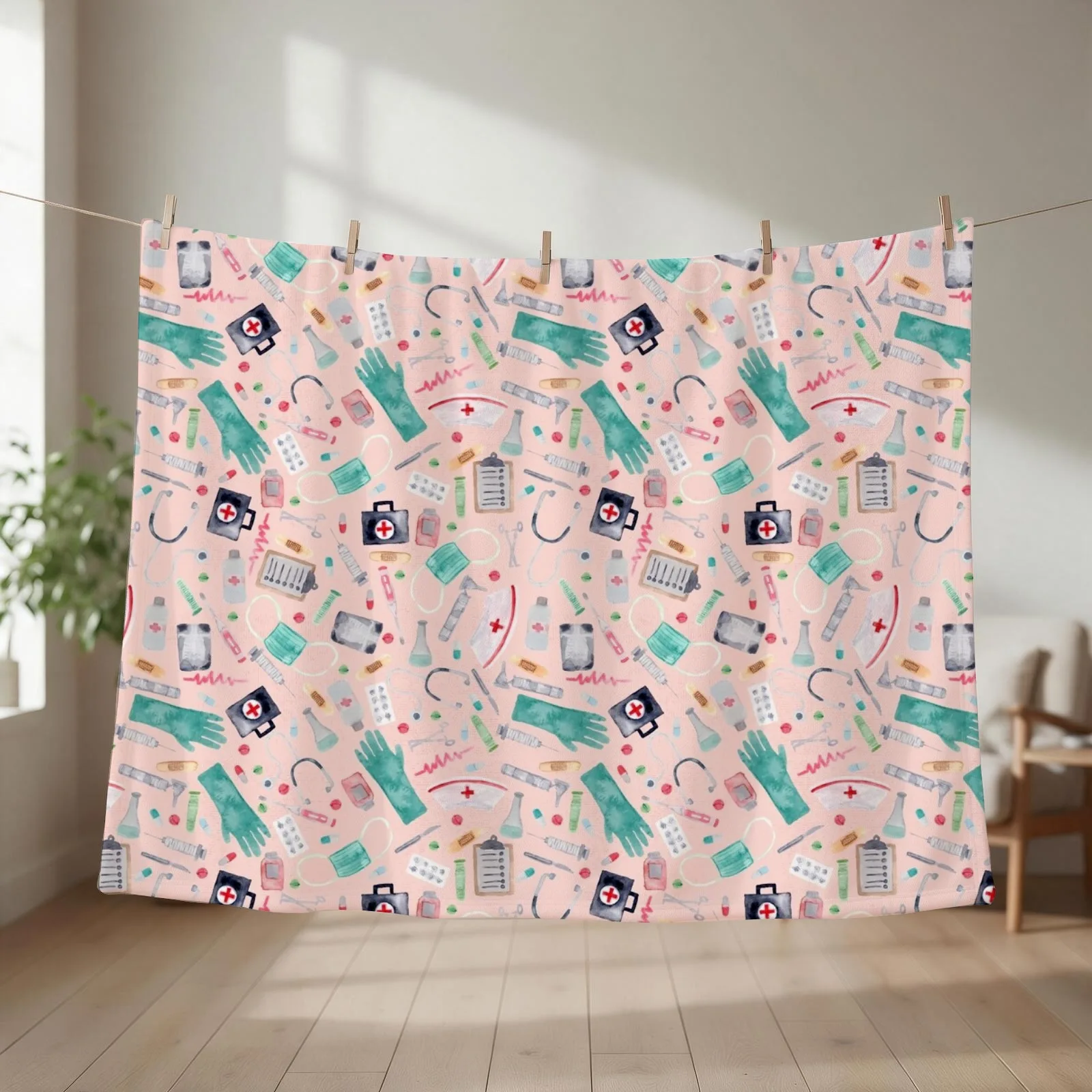 Medical Pattern Doctor Nurse Watercolor Pink Texture Throw Blanket couch cozy soft plush fuzzy picnic outdoor blanket