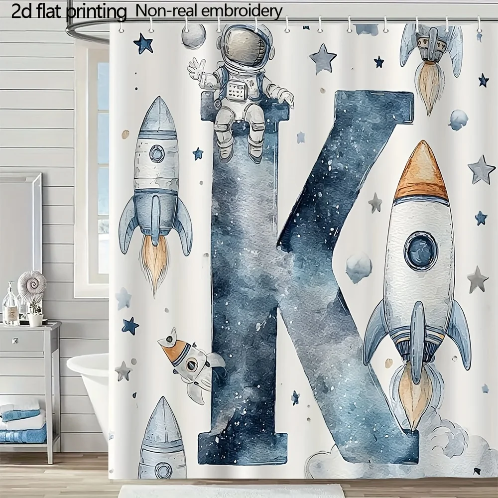 水彩スペースアルファベット-k-イラスト-シャワーカーテン-1枚-12個のフック付き-バスルーム-ホームデコレーション-ポリエステル-708x708インチ