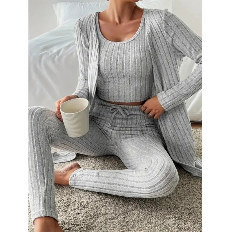 Women's 3-Piece Solid Color Casual Outfit Round Neck Textured Design Modern European  American Home Clothes Sleepwear Nightwear