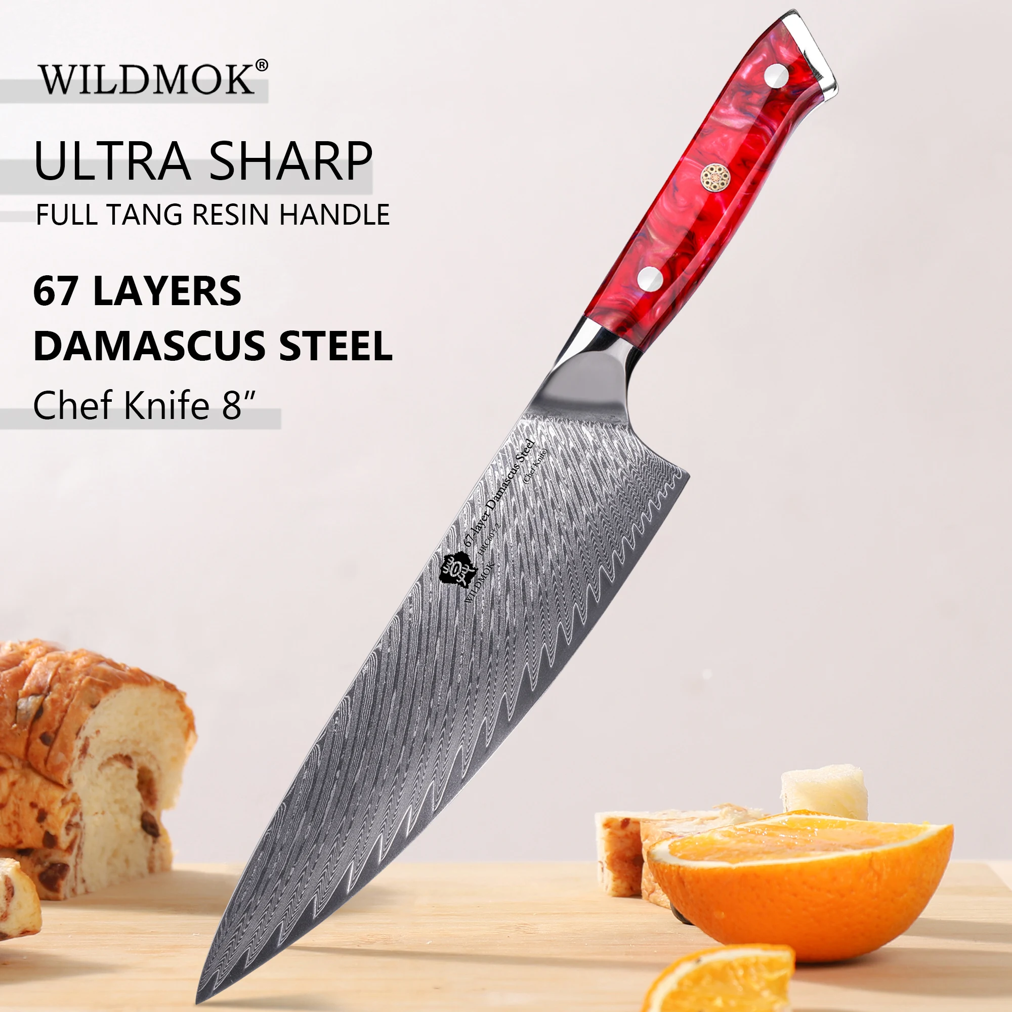 WILDMOK Handmade 8 Inch Kitchen Chef Knife, High Hardness Damascus Steel Blade Anti-Slip Durable Composite Resin Handle