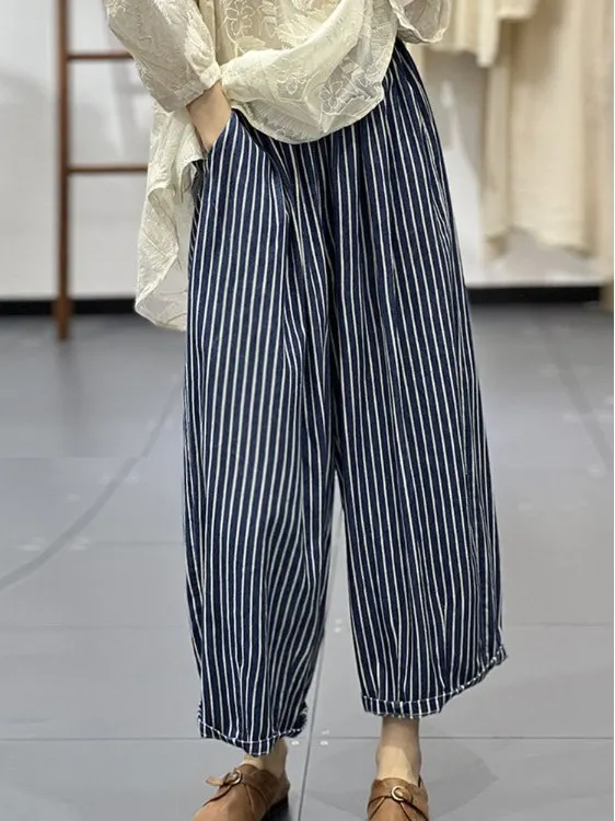 한국 슬레 캐주얼 팬츠 스트라이프 루즈 슬리밍 에이지 디파잉 다용도 코튼 와이드 레그 팬츠 하이 웨이스트 스트레이트 레그