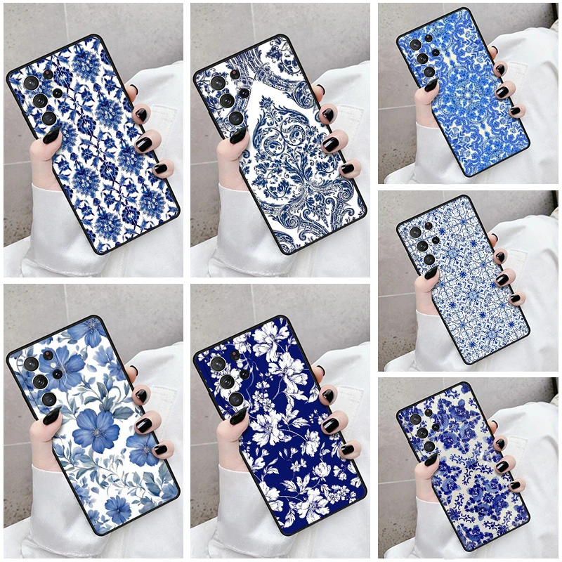 Phone Case For Samsung Galaxy S24 S23 S21fe S22 Ultra Plus Note 10 20 S8 S9 S10 Cover Chinoiserie blue flowers birds