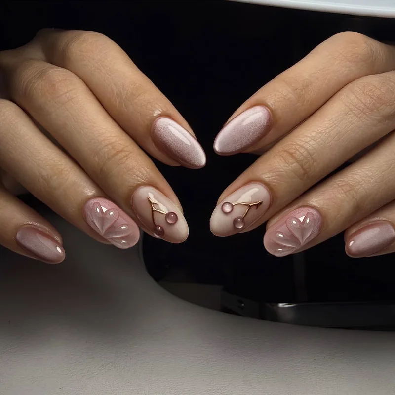 

24 шт., телесный розовый кошачий глаз, французский пресс на ногтях с клеем, милые 3D вишневые рябь, накладные ногти для женщин, носимые миндалевидные накладные ногти