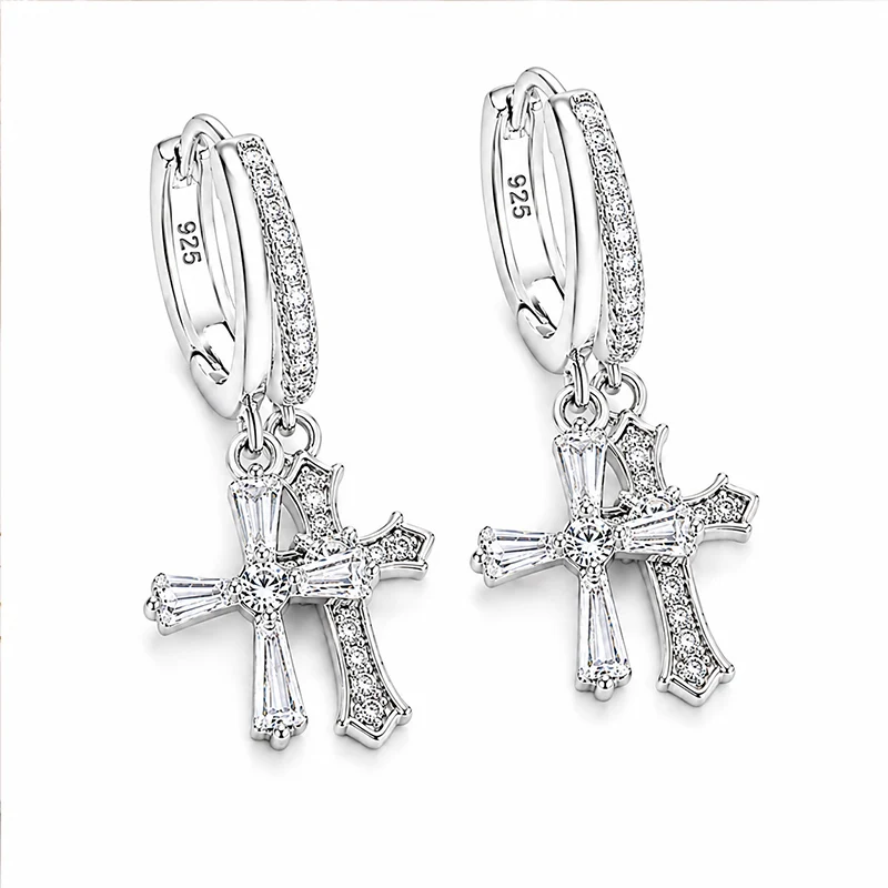 925 Sterling Silver Cross Hoop Earrings for Women CZ Huggie Earrings Double Cross Dangle Earrings Gothic Jewelry Fashion Gift