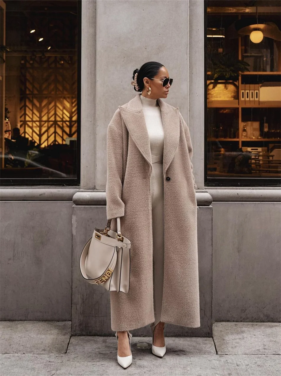 Winter Loose Long Woolen Coat Women Casual Fashion Solid Lapel Button Maxi Jacket Streetwear Chic Office Lady Overcoat Outerwear