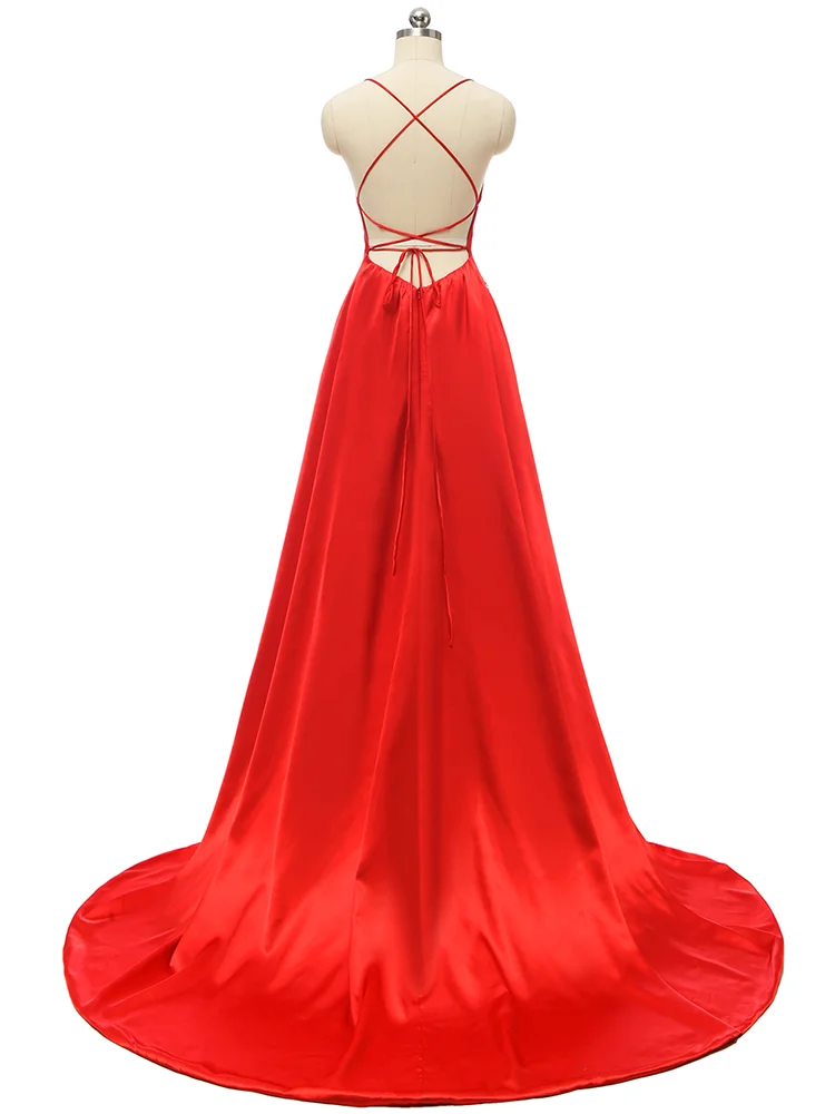 Classic Satin Red Scoop Neck Simple A-Line Bride Wedding Dresses Bridal Gowns Customized