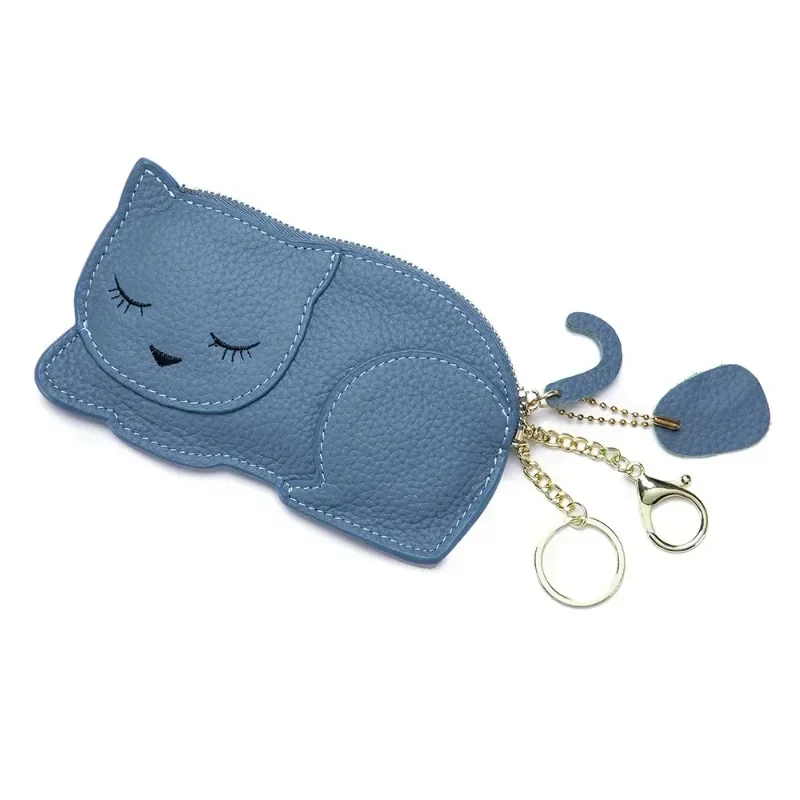 

Genuine Leather Coin Purses Women Cartoon Cute Cat Zipper Key Holder Thin Fashion Girls Coin Wallet Lipstick Card Holder Pouch