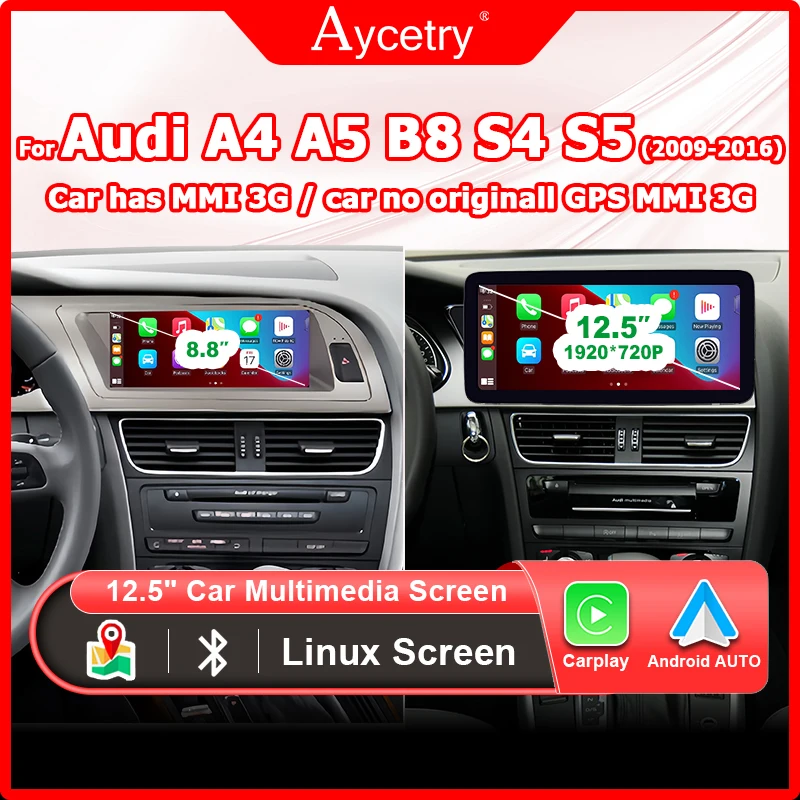 12.5 "Linux Android Auto voiture multimédia écran autoradio pour Audi A4 A5 B8 S4 S5 2009-2016 sans fil Carplay autoolink airplay GPS
