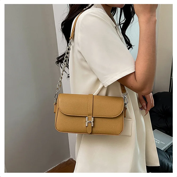 

High-end women's bags New light luxury lychee pattern commuter shoulder bag Fashion chain Design sense Niche messenger bag