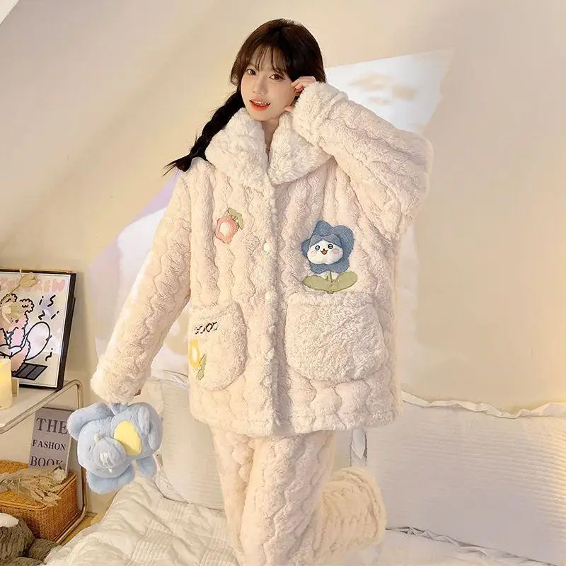 Miniso Flannel Flip Collar Thickening Three Layer Cotton Pajama Set Kawaii Chiikawa Comic Girl Winter Keep Warm Home Clothes New