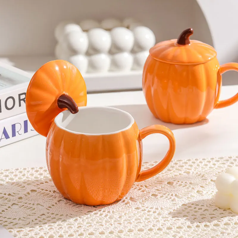 Picture 3: 1/2 PCS Cute Pumpkin Ceramic Mug with Lid, 450ml, Coffee Water Milk Oatmeal Cup, Gift for Christmas Halloween Easter Kids