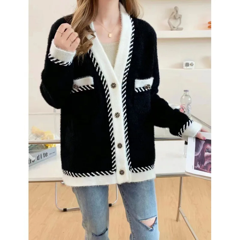 Vintage Elegant Knitted Cardigan for Women 2024 Spring Autumn V-neck Single Breasted Sweater Jacket Trendy Chic Loose Fitting