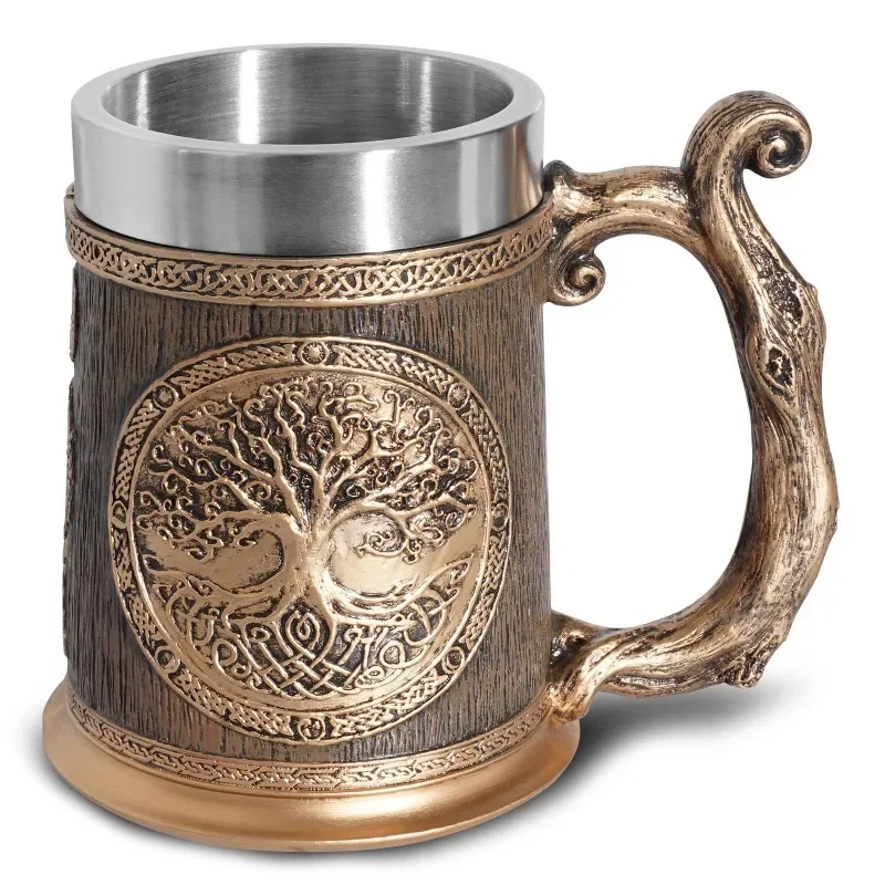 600ml European Style Tree of Life Beer Mug Resin and Stainless Steel Beer Cup Halloween Gift Retro Medieval Wooden Imitation Mug