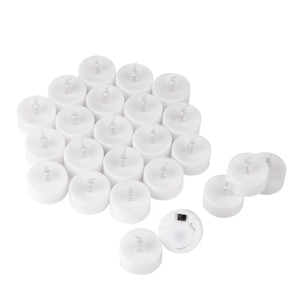 

Pack of 24 Included Flameless LED Tea Lights Warm White Decorative Light Bulbs Realistic Flicker Safe for Wedding