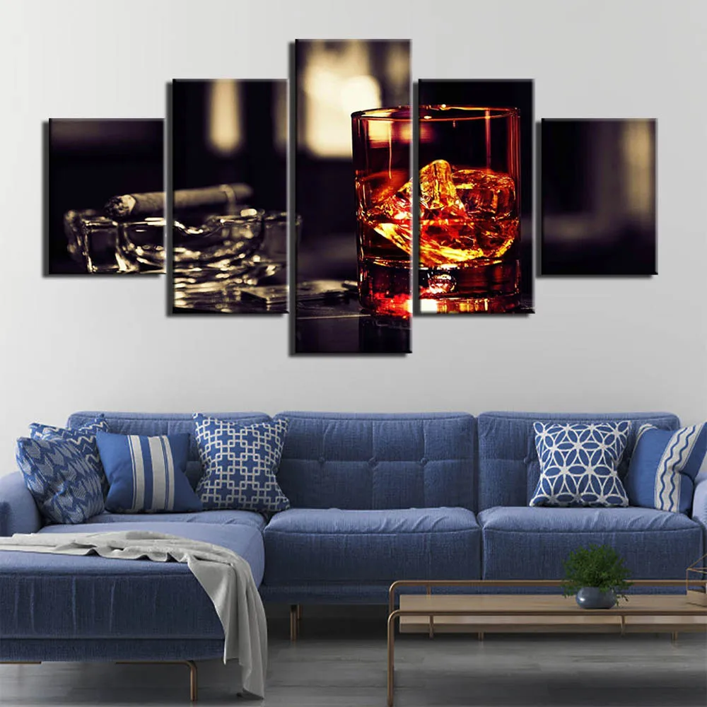 5 Pieces Whisky Cigar Glasses Poster Wall Art Canvas Restaurant Decoration Paintings  Picture For Kitchen Decoration