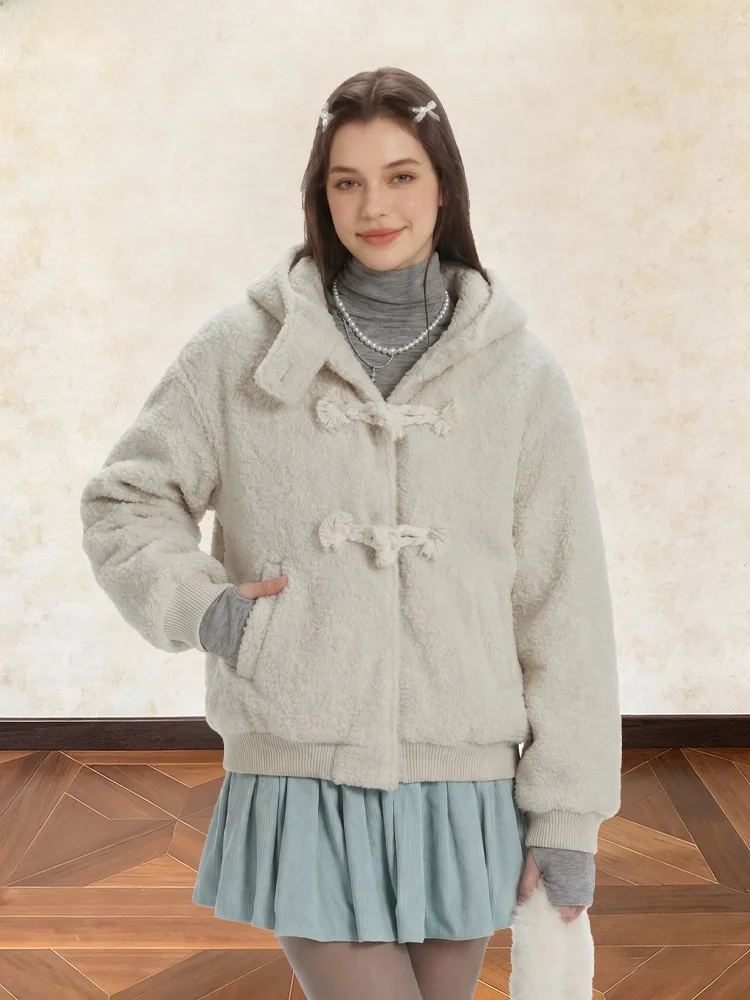 

Корейская женская утепленная куртка из овечьего бархата с капюшоном, свободного кроя, зимнее пальто в студенческом стиле на молнии