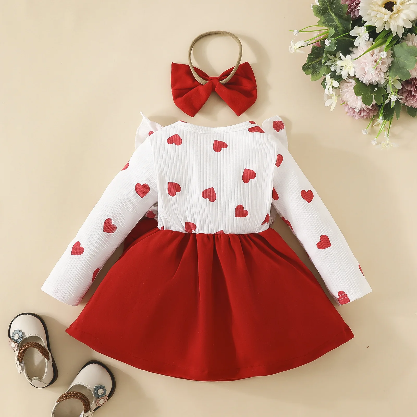 2pc/Set Childrens' Baby Girl Dress Color Blocking Broken Flowers Big Bow Princess Dress+Headband Infant Fashion Dress