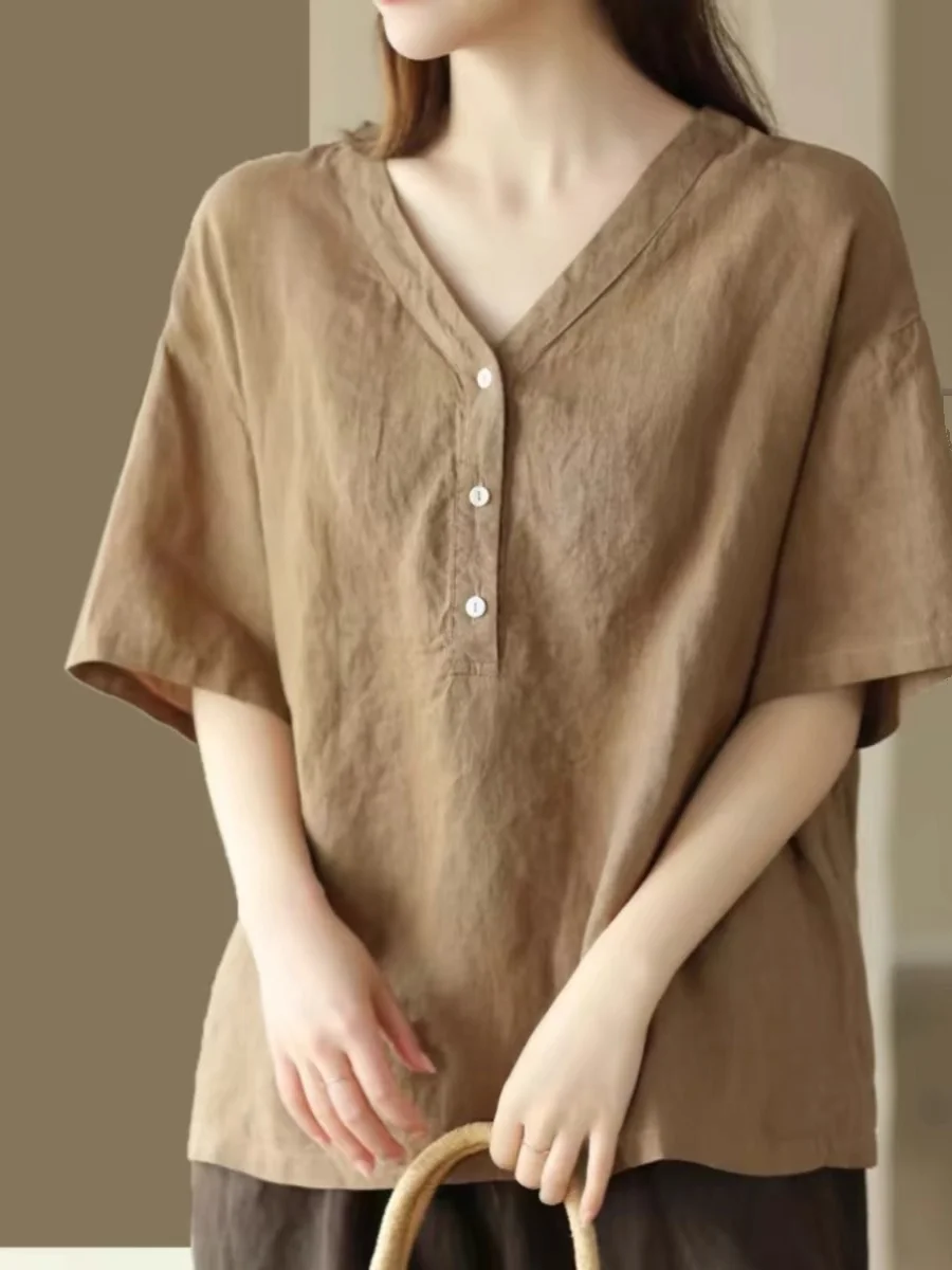 

Women's Cotton Linen V-ne ort Sve T-irt Summer New Sle plus Size Loose Slimming Overhead Match All Base irt