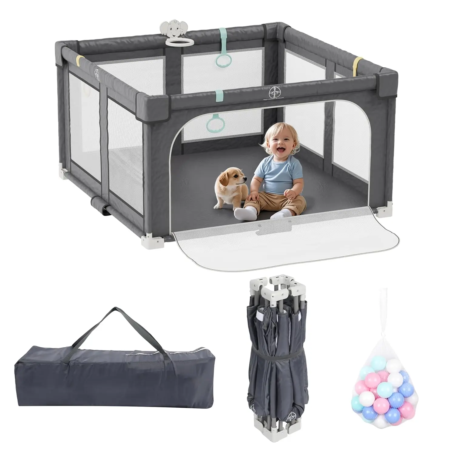 

50" X 50" Foldable Playpen, Potable Baby Play Yard with Carry Bag, Baby Gate Playpen with Anti-Slip Suckers & Zipper Gate, Toddl