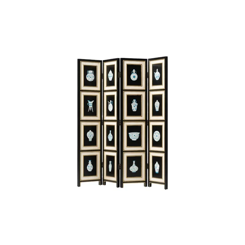 

Safety porcelain/hand-painted golden bamboo four-fold lacquered wood screen partition