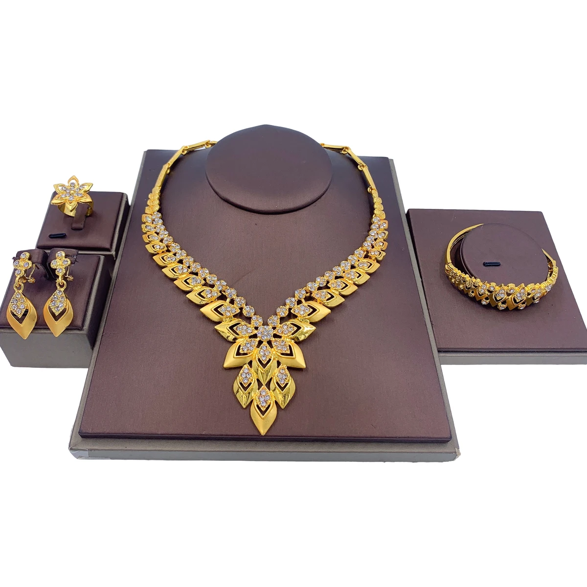 Dubai Gold Jewelry Sets for Women Necklace Bracelet Earrings Ring Creative Crystal Bridal Wedding Accessories