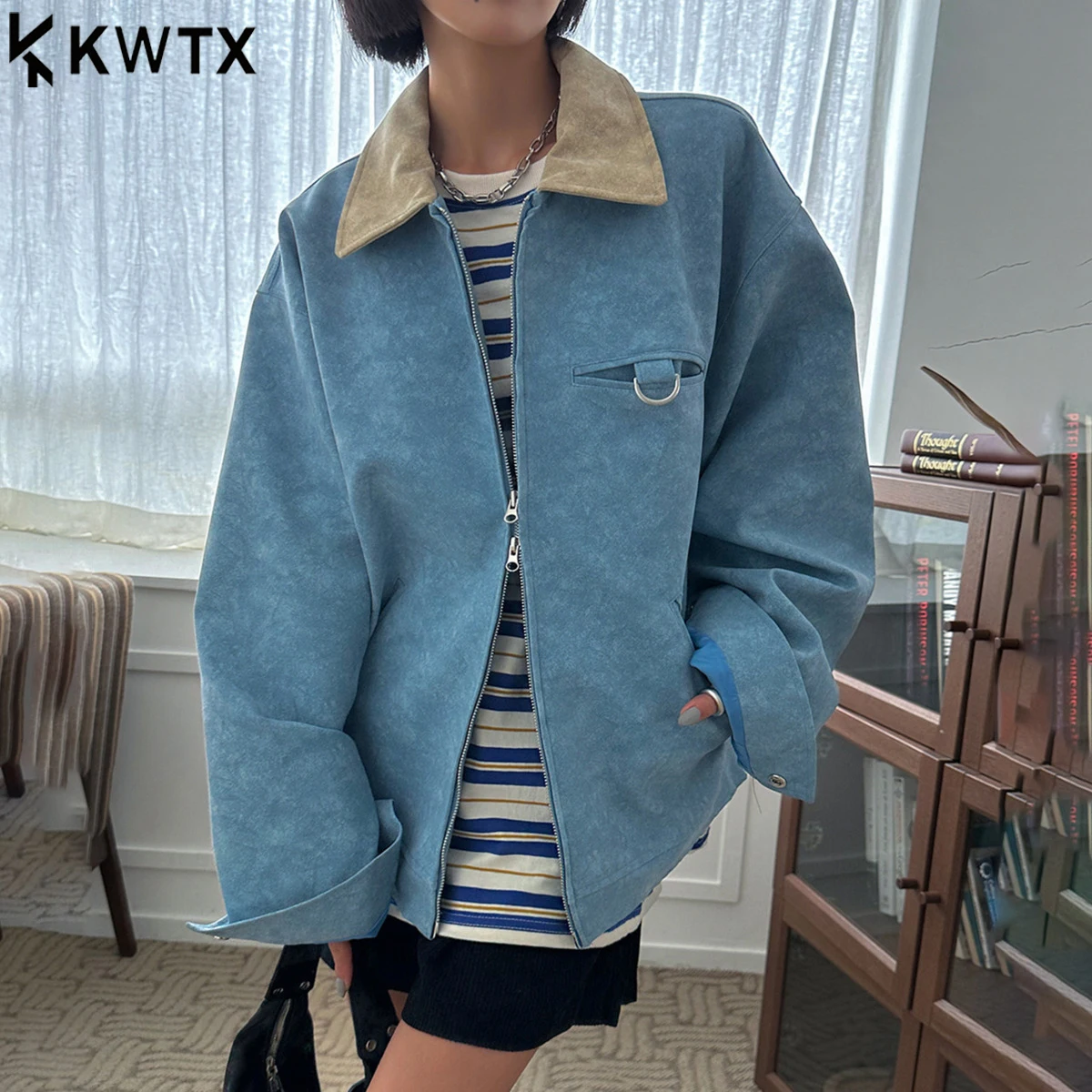 

KWTX женская замшевая укороченная куртка с цветными блоками, карманы на молнии с лацканами, элегантная модная верхняя одежда в стиле ретро на осень-зиму 2025 г.