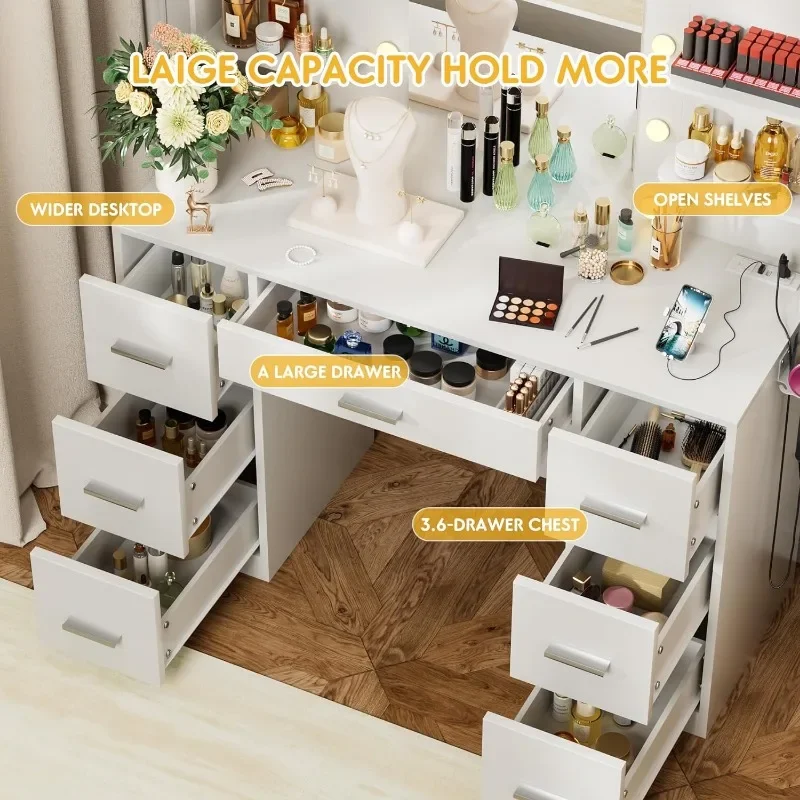 Vanity Desk com LED espelho iluminado, tomada de energia, 7 gavetas, 6 Prateleiras de armazenamento para quarto e vestiário, Modelo 3