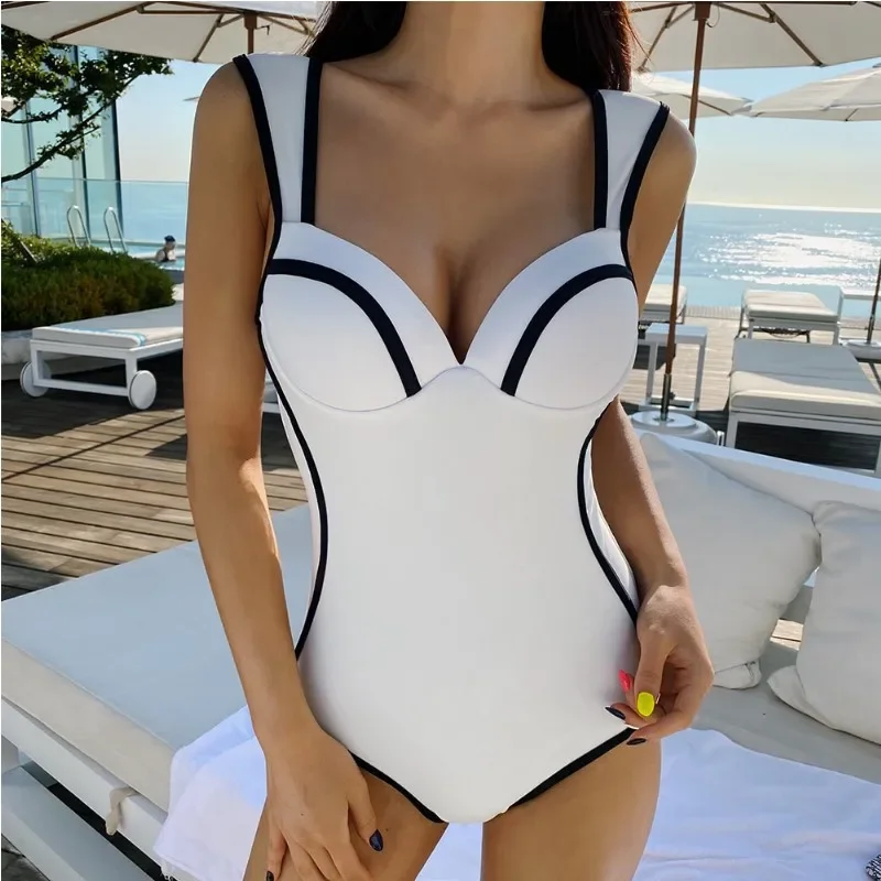 

2024 Push Up One Piece Swimsuit Contrast Binding Women Swimwear Sexy Pad Swimming Suit Korean Monokini Beach Wear Bathing Suit
