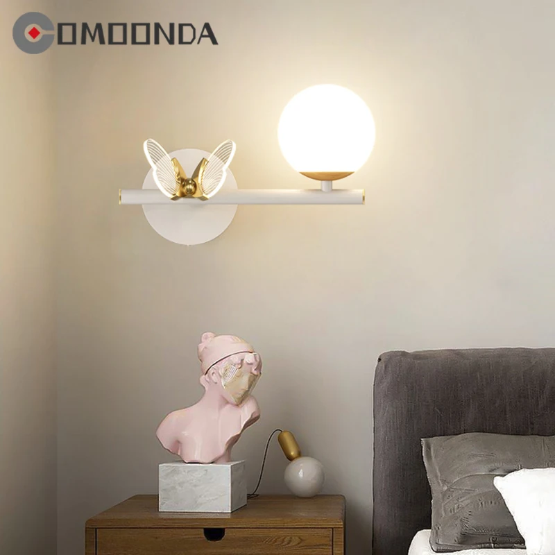 Luxury Bedroom Decoration Wall Lamp LED Metal Body Acrylic Lampshade Creative Butterfly Sconce Light Lustres With Chain Switches