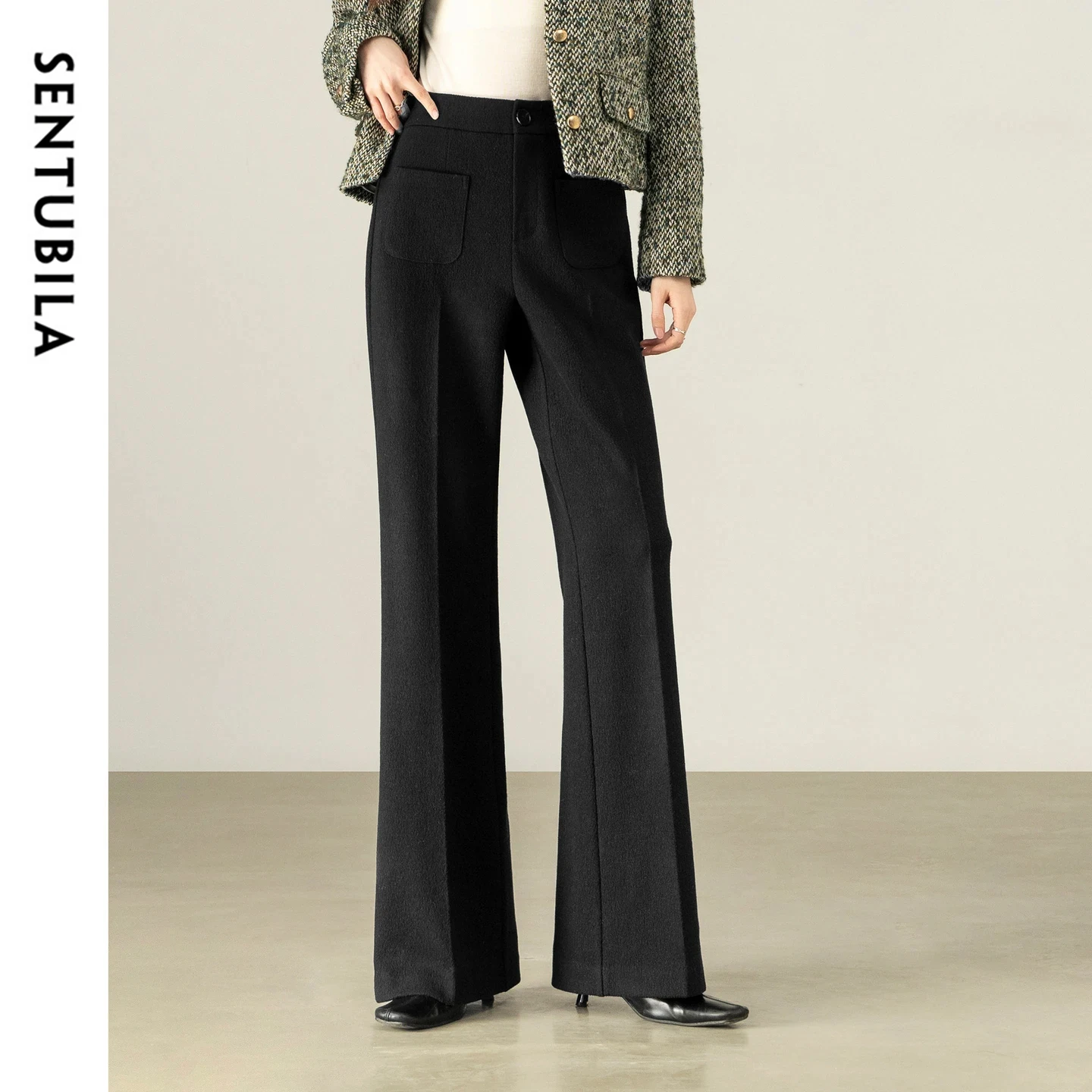 

SENTUBILA Women's Flare Pants 2026 Office Lady High Waist Wool Blend Slim Fit Long Trousers Spring New Knit Bottoms 154KH6342