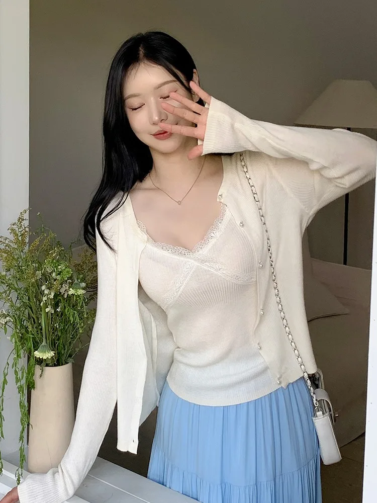 Chic Knitted ort Sweater Vest Set for Women V-Ne Open Cardigan Sle Gentle Fre Two-Piece Ensemble Autumn Faion