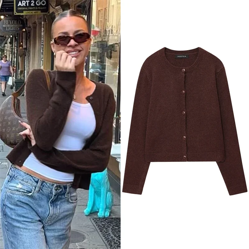 

Женский свитер, новинка 2025 года, однотонный ленивый стиль, французский утягивающий короткий свитер с круглым вырезом, осенний модный женский топ